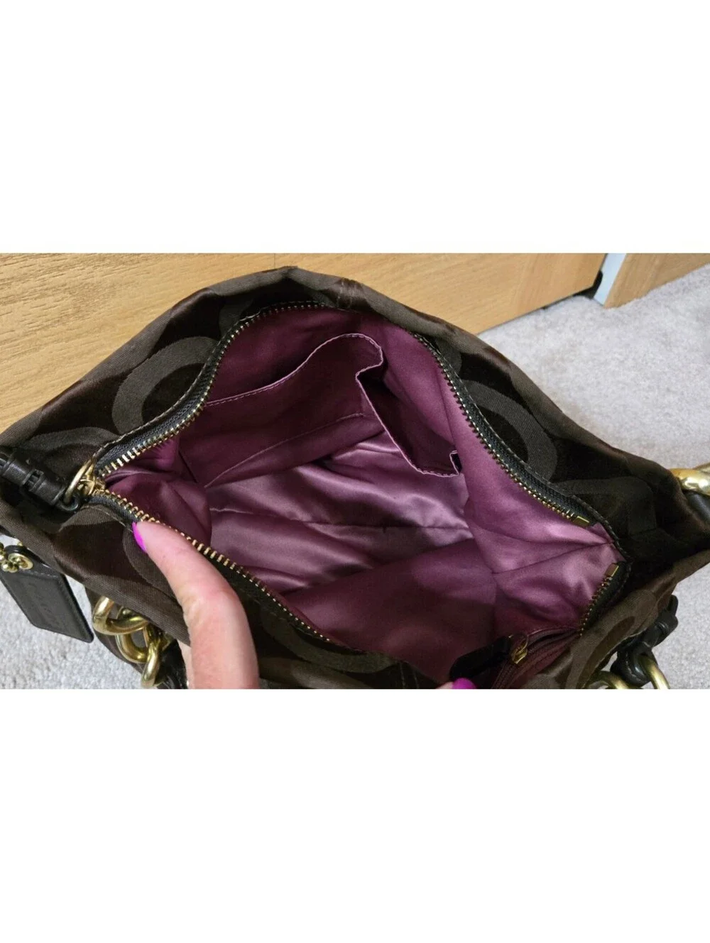 Coach Signature Brown Canvas and Leather Tote Bag with Gold Hardware and Purple-